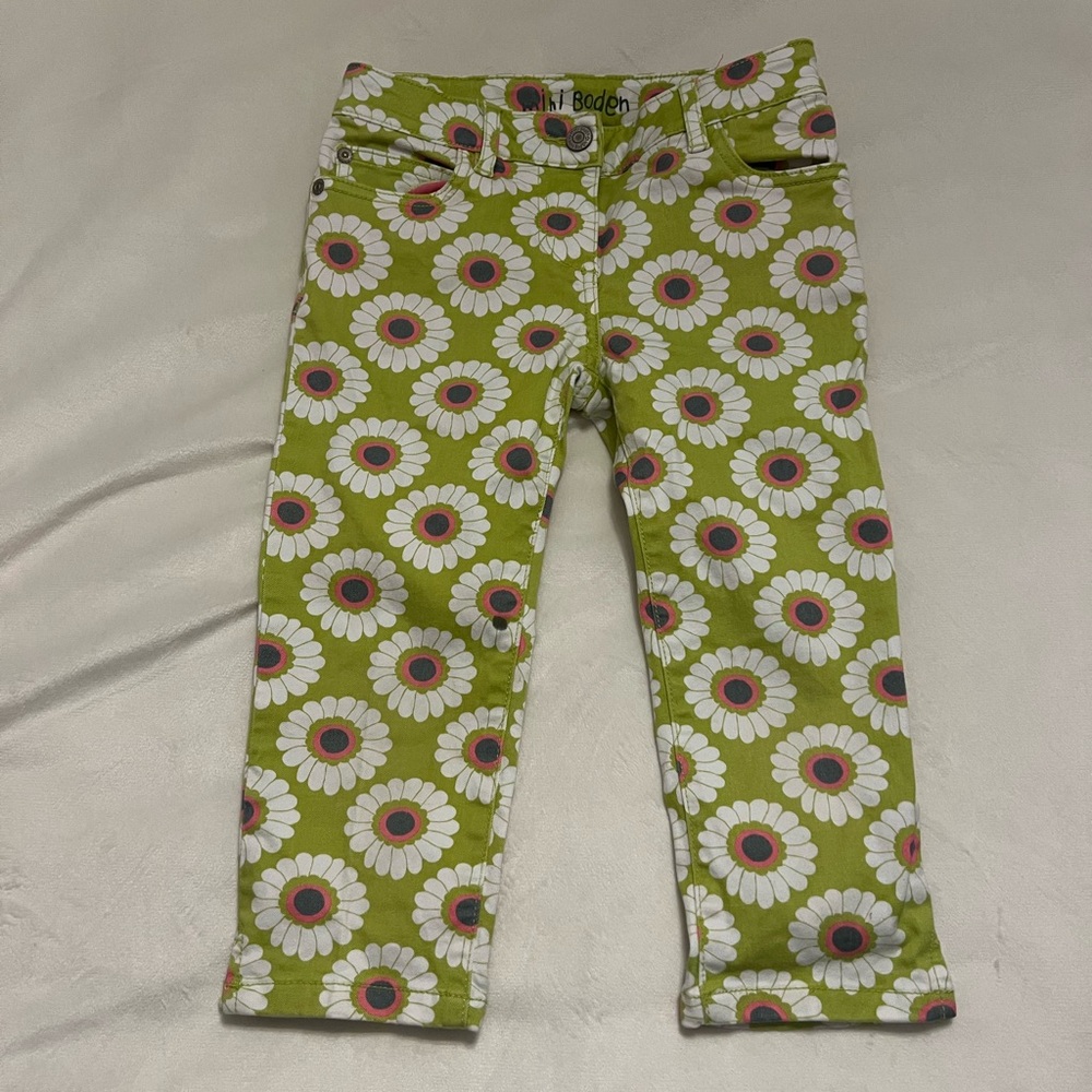 Mini Boden Kids' Green Daisy Print Cropped Jeans
